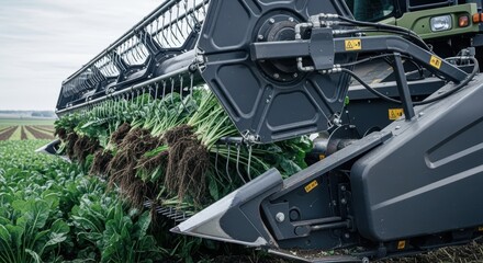 Fototapeta premium Farm harvester harvesting leafy green vegetables in field during overcast day