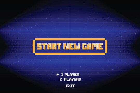 START NEW GAME. Retro Futurism Sci-Fi Background. glowing neon grid and star from vintage arcade computer games