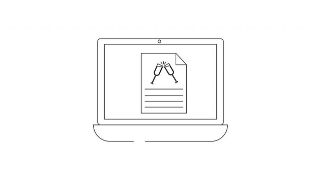 Laptop displaying a document with champagne glasses icon.