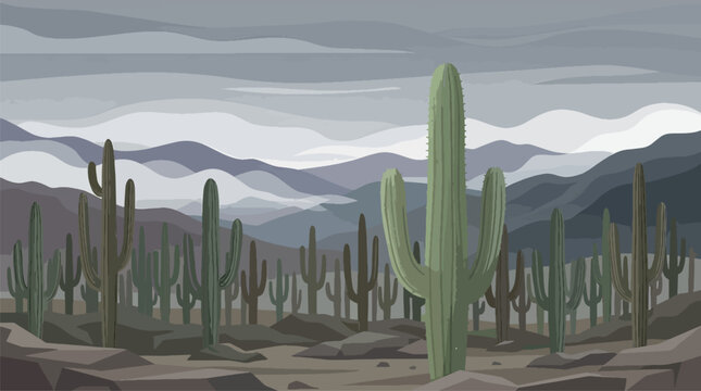 Dense Forest of Tall Columnar Cacti in Arid Desert Landscape, Vertical Saguaro Cactuses and Succulent Plants in Wilderness, High Detailed Vector Graphic Illustration for Background