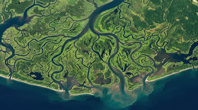 Aerial view of a complex river delta system. Winding waterways and green wetlands meeting the ocean. Natural patterns in geography and environment