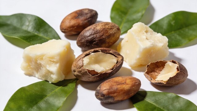 Raw Shea Nuts and Organic Shea Butter Chunks with Green Leaves