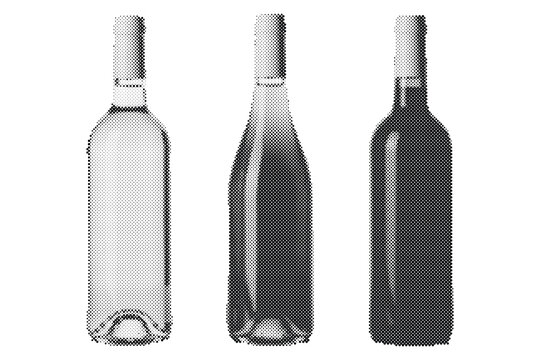 Retro halftone vector illustration of three wine bottles with different colors isolated on white background halftone illustration