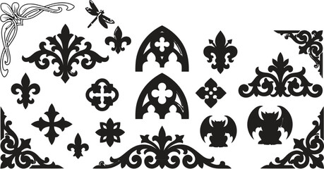 Vintage gothic elements, ornate silhouette borders, heraldic fleur-de-lis, decorative cathedral windows, black bat icons, Victorian filigree ornament set © Graphiccircle