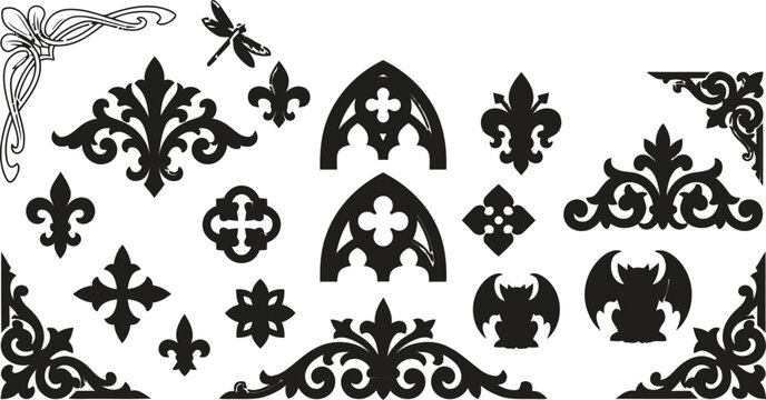 Vintage gothic elements, ornate silhouette borders, heraldic fleur-de-lis, decorative cathedral windows, black bat icons, Victorian filigree ornament set