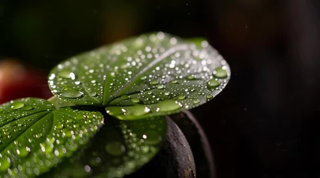 Sacred Bilva leaves on Shiva Lingam with water droplets for Jalabhishek. Macro shot of Hindu religious ritual offering during Mahashivaratri prayer.