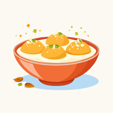 Minimal vector illustration of rasmalai dessert with milk syrup and pistachio garnish