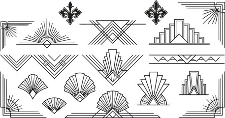 Geometric ornament collection, art deco borders, vintage sunburst frames, elegant line art dividers, retro architectural elements, decorative black vector symbols © Graphiccircle