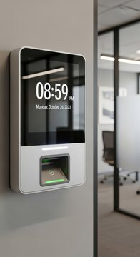 Digital Time Clock and Biometric Access Reader Mounted on Wall
