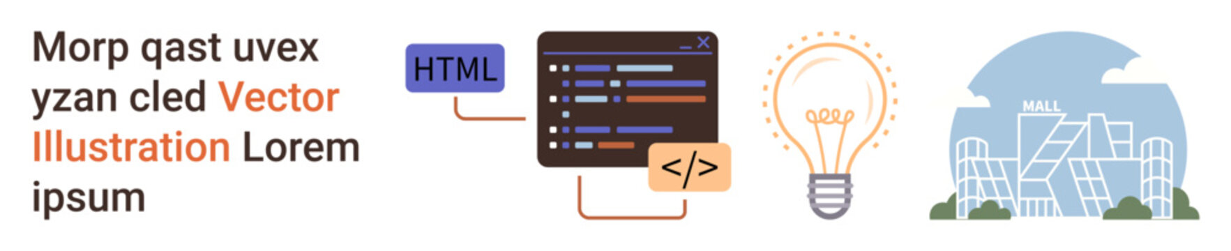 Web development, coding, creativity, innovation, digital solutions, urban planning. Visuals include HTML code, lightbulb and cityscape. Web development and creativity concept