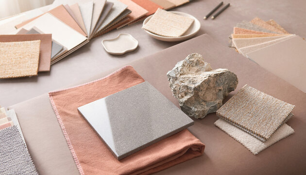 Interior moodboard with pastel fabric stone and terracotta tile