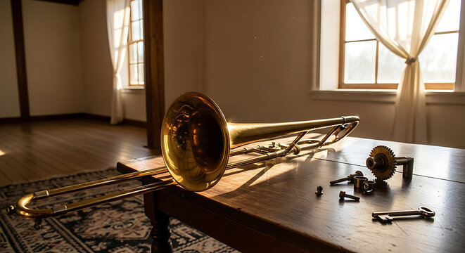 Brass trombone and parts laying on a table in a sunlit room.