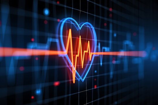 Futuristic digital heart monitor displaying EKG waveform and vital signs, showcasing advanced medical technology for cardiology research, diagnosis, patient care, and healthcare innovation.