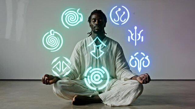 Meditating man surrounded by glowing holographic arcane symbols in a minimalist studio with premium cinematic lighting for wellness marketing