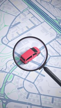 Vehicle moving across a 2D map followed by a magnifying glass. 3D animation. Vertical version.