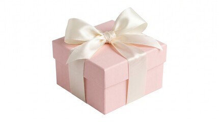 Obraz premium Elegant pale pink square gift box tied with a luxurious cream satin ribbon and a beautiful bow isolated on a clean white background perfect
