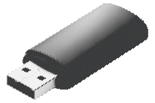 Retro halftone vector illustration of a usb flash drive with a standard usb connector and rectangular body isolated on white background, technology