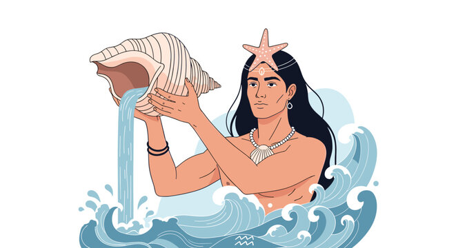 Artistic illustration of a man representing the Aquarius zodiac sign pouring water from a large conch shell.