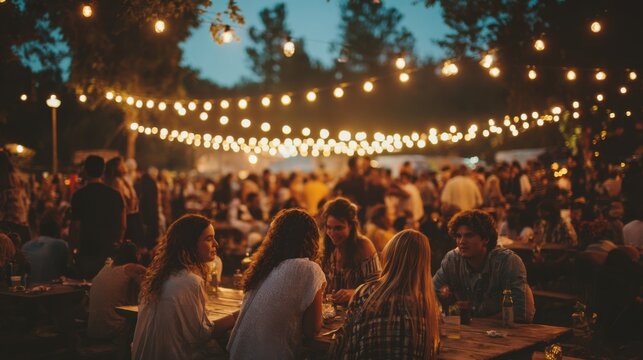 Friends enjoying a lively outdoor gathering under string lights at dusk