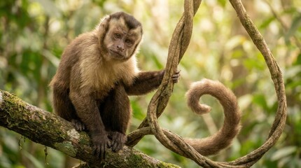Fototapeta premium Capuchin monkey perched on mossy branch while holding looping vine, curled tail glowing in warm forest light, close jungle portrait with natural bokeh and rich tropical canopy textures below