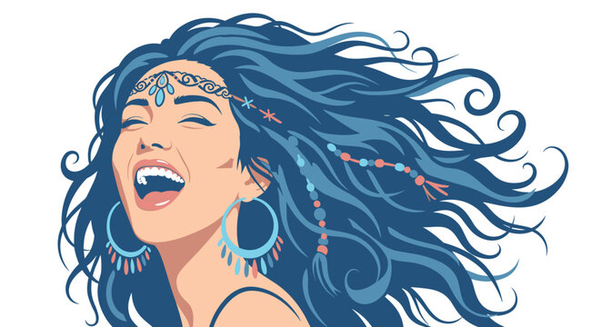 Beautiful happy woman with long flowing blue hair wearing stylish earrings and a decorative headband laughing joyfully.