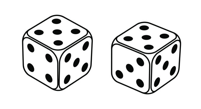 Black and white line drawing of two gambling dice showing different numerical results on their visible faces in perspective.