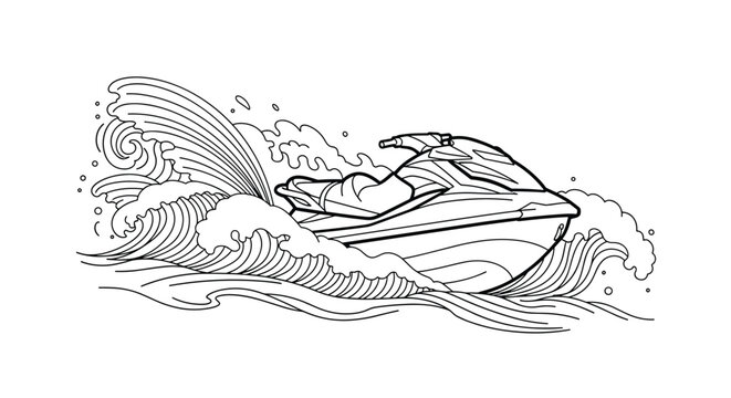 Dynamic line drawing of a jet ski speeding across the water surface with large splashing waves behind the vehicle.