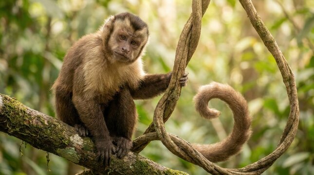 Capuchin monkey perched on mossy branch while holding looping vine, curled tail glowing in warm forest light, close jungle portrait with natural bokeh and rich tropical canopy textures below