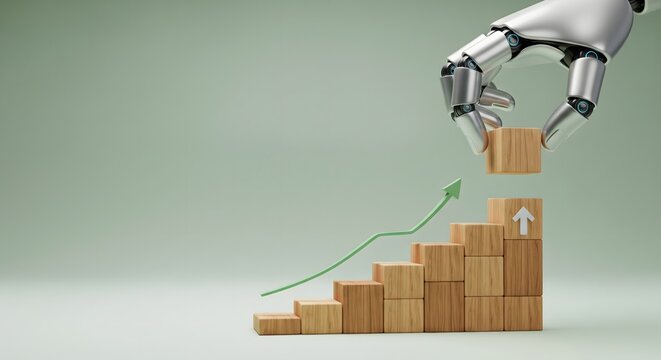Robot hand stacking wooden blocks into a rising bar chart with a green upward arrow illustrating business growth and automation.