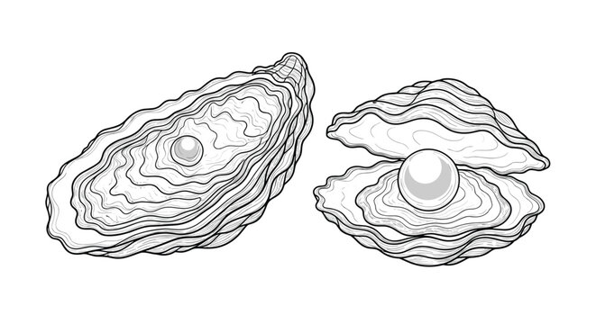 Detailed engraving style illustration of two open oyster shells each containing a beautiful round pearl on a plain white background.