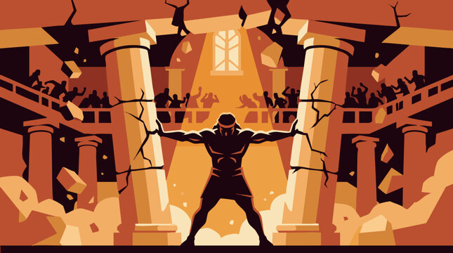 A powerful muscular man with long hair pushing apart two massive stone columns causing a grand temple to crumble while people flee in panic during a dramatic biblical scene