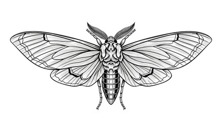 Obraz premium Detailed hand drawn illustration of a large moth with expanded wings in an engraved line art style isolated on a plain white background.