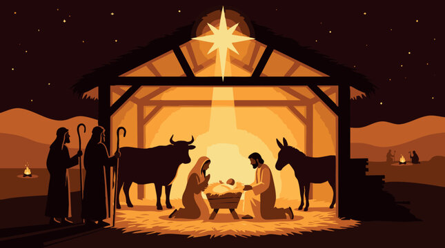 Dramatic vector illustration of the holy nativity scene with baby jesus virgin mary and saint joseph in a stable under the bright star of bethlehem with shepherds and animals