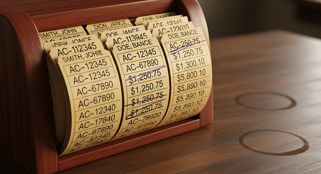 Rolodex file with customer information on a wooden office desk