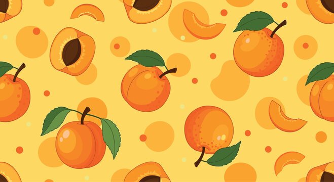 Delicious seamless pattern featuring whole orange apricots and slices with green leaves on a yellow background with dots and shapes.