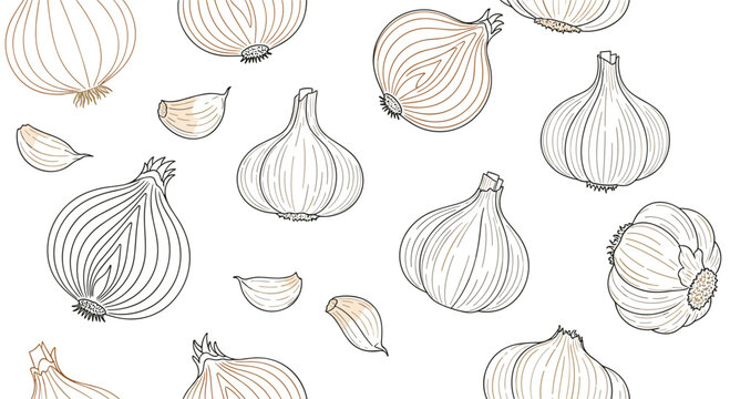 Seamless pattern featuring a variety of onions and garlic bulbs with cloves in a clean line art design.