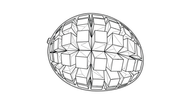 Mango fruit shown with its interior cut into a classic grid pattern in a detailed black and white line drawing.