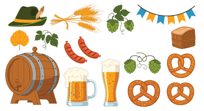 Collection of Oktoberfest symbols including beer, pretzel, sausage, barrel, and traditional Alpine hat icons.
