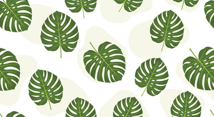 Fototapeta premium Seamless pattern featuring green monstera deliciosa leaves on a white background with light grey organic shapes.