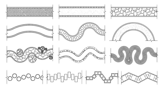 Top View Architectural CAD Vector Set of Landscape Garden Paths Paving Patterns Walkways and Outdoor Floor Plan Symbols for Site Design