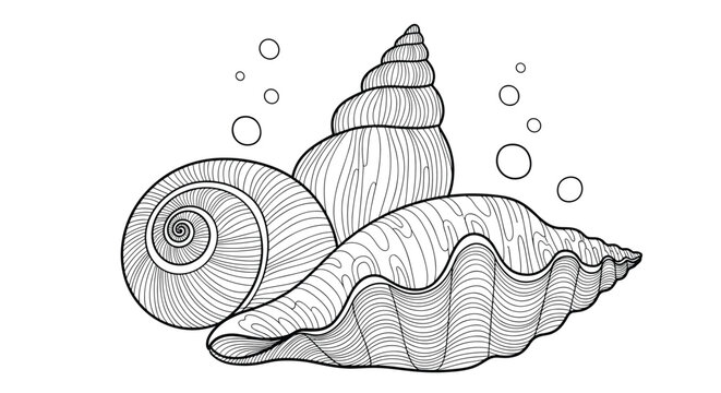 Detailed engraving of various seashells including a large conch and snail shell with air bubbles for an underwater scene.