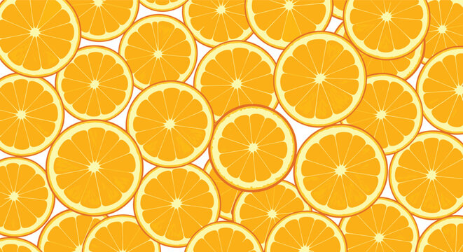 Bright and cheerful seamless background pattern composed of many overlapping fresh orange slices showing pulp and skin details.