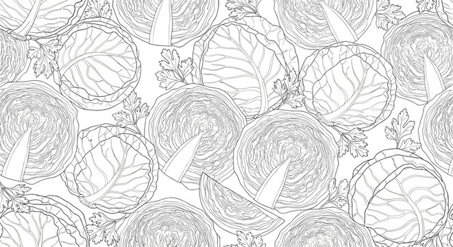 Decorative black and white seamless pattern of hand drawn cabbage heads and fresh parsley sprigs in an etched illustration style.