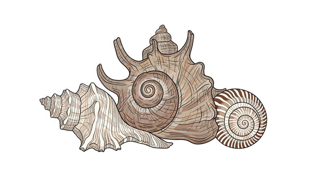 Detailed group of three different seashells including murex and spiral species in natural beige and brown tones on white background.