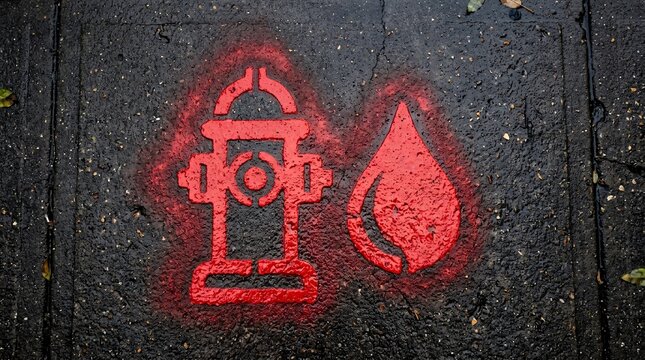 A stencilled red fire hydrant and water drop stencil on a dark grey asphalt surface outdoors.