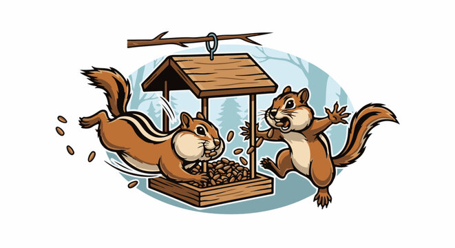 Two chipmunks argue over seeds at a wooden bird feeder in winter