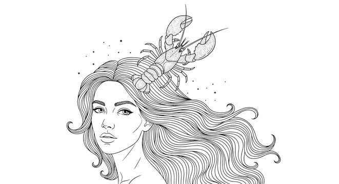 Surreal black and white line drawing of a woman with long hair and a large lobster crawling on her head with starry background dots.