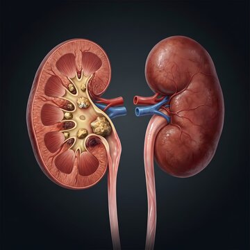 Detailed medical illustration of human kidneys, one cross-sectioned to show kidney stones obstructing the urinary system, highlighting anatomy and renal health issues, on a dark background