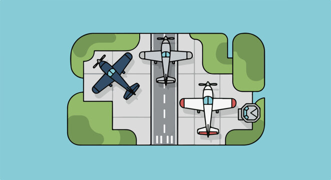 Three stylized vintage airplanes on a runway with grassy surroundings