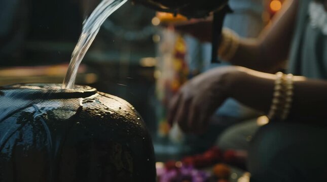 Holy water pouring over sacred Shiva Lingam during traditional Hindu Jalabhishek ritual.